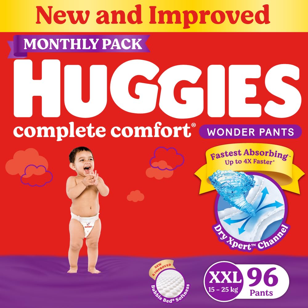 Huggies Complete Comfort Wonder Pants | Pant Style Baby Diapers XXL Size, 96 Count | India's Fastest Absorbing Diaper, Patented Dry Xpert Channel, Ideal for 15 to 25 Kgs