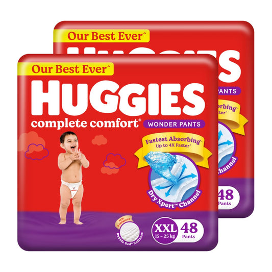 Huggies Complete Comfort Wonder Pants | Pant Style Baby Diapers XXL Size, 96 Count | India's Fastest Absorbing Diaper, Patented Dry Xpert Channel, Ideal for 15 to 25 Kgs