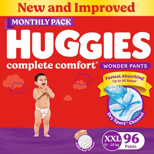 Huggies Complete Comfort Wonder Pants | Pant Style Baby Diapers XXL Size, 96 Count | India's Fastest Absorbing Diaper, Patented Dry Xpert Channel, Ideal for 15 to 25 Kgs